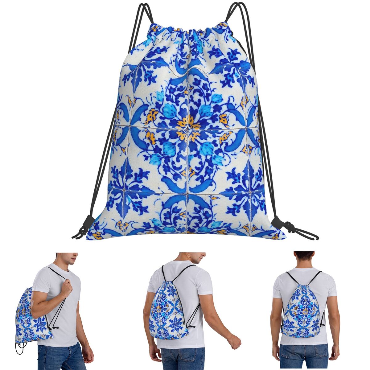 Tile Bag Drawstring - Portuguese Tile Decor Azulejo Lisboa Backpacks