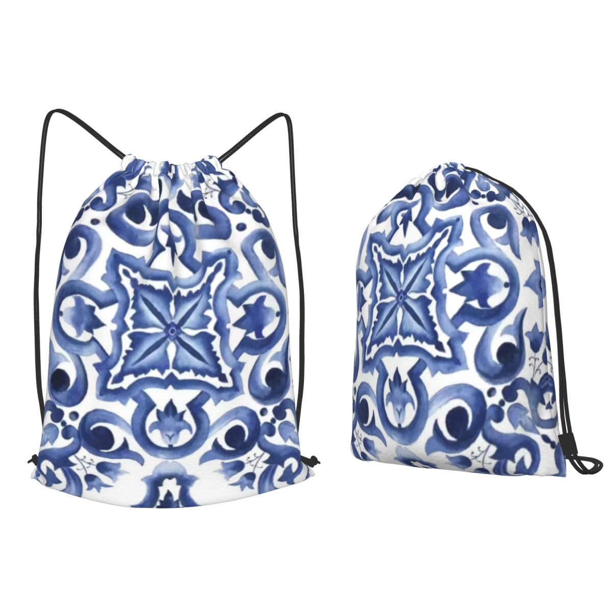 Blue Ornate Floral Mediterrane – Tile Bag Drawstring Bewertung und Preis
