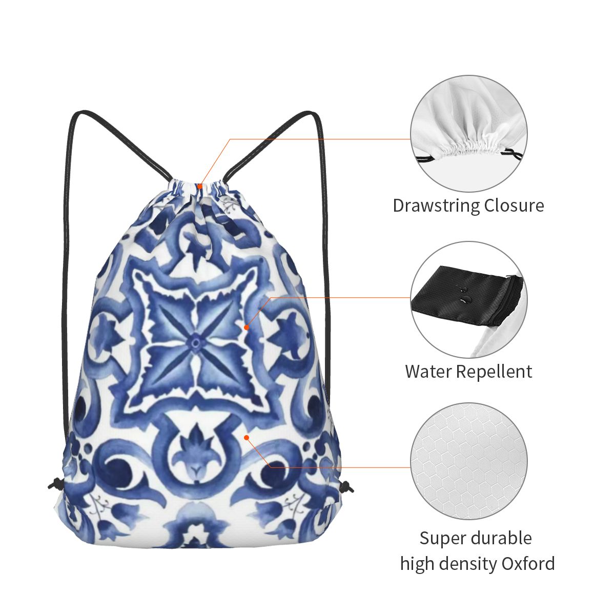 Blue Ornate Floral Mediterrane – Tile Bag Drawstring Bewertung und Preis