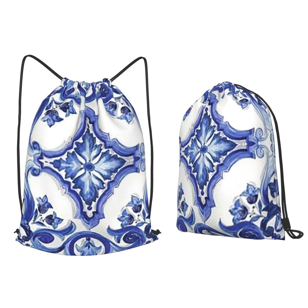 Blue Ornate Floral Mediterrane – Tile Bag Drawstring Bewertung und Preis