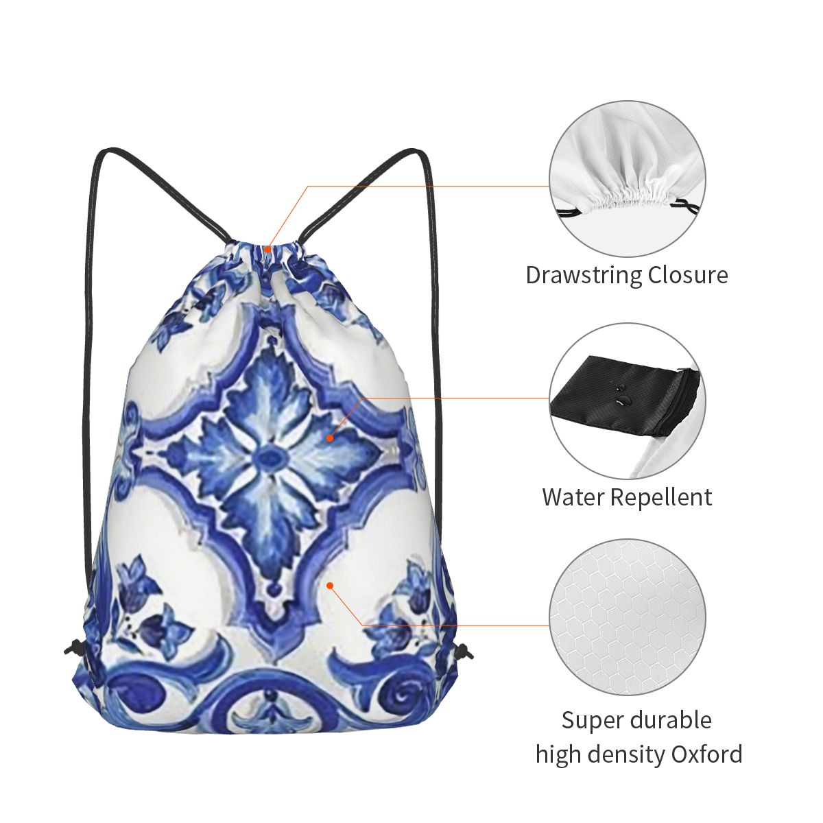 Blue Ornate Floral Mediterrane – Tile Bag Drawstring Bewertung und Preis