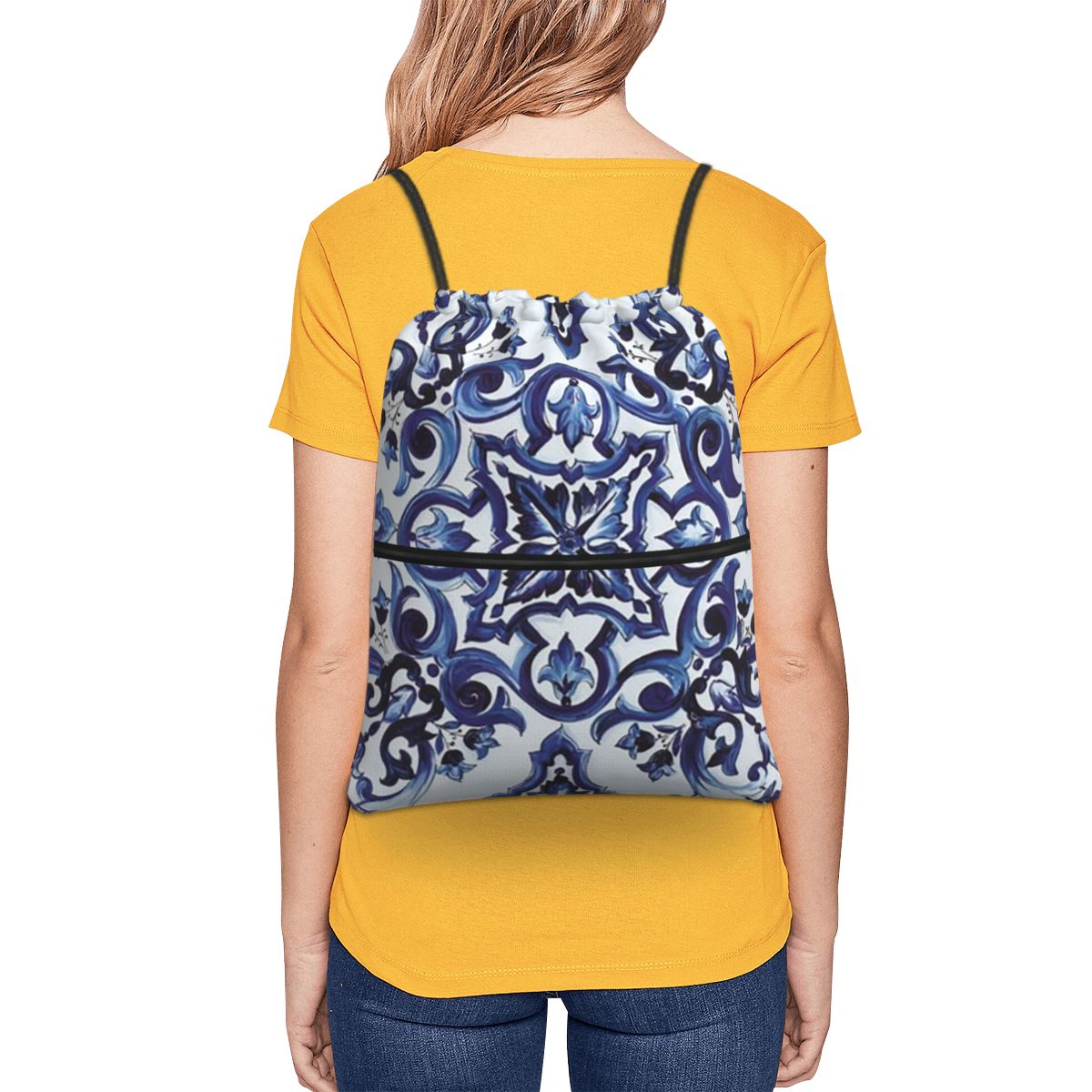 Blue Ornate Floral Mediterrane – Tile Bag Drawstring Bewertung und Preis