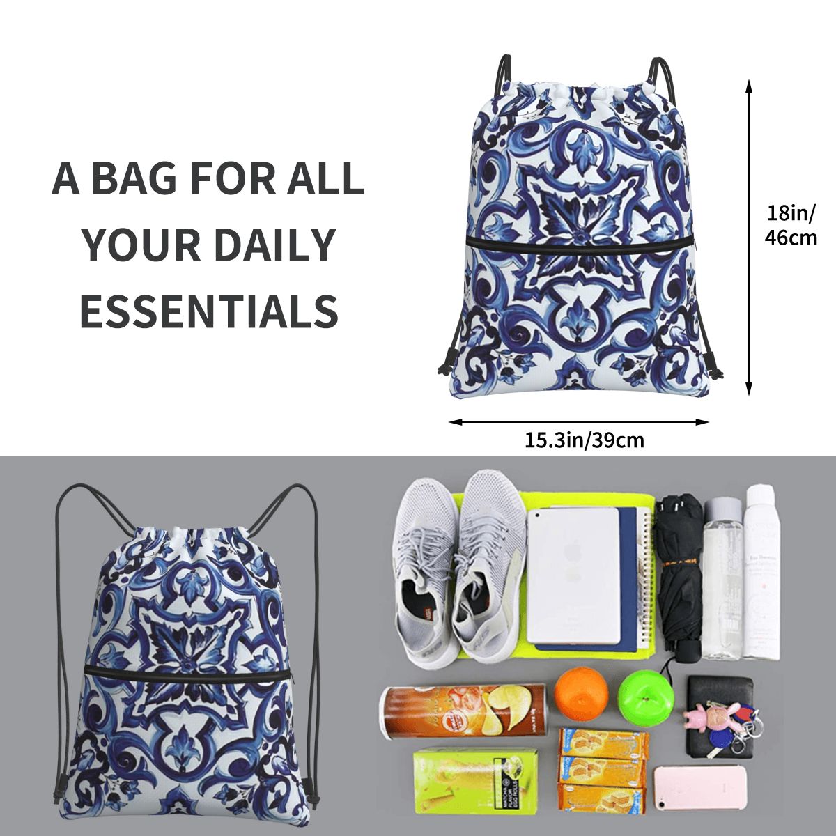 Blue Ornate Floral Mediterrane – Tile Bag Drawstring Bewertung und Preis
