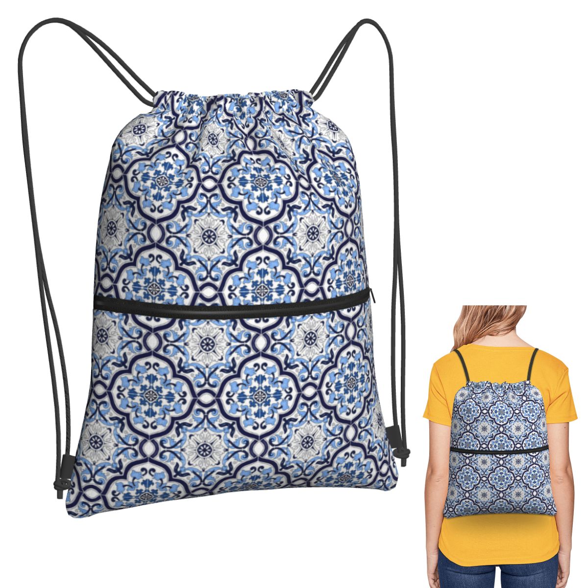 Blue Ornate Floral Mediterrane – Tile Bag Drawstring Bewertung und Preis