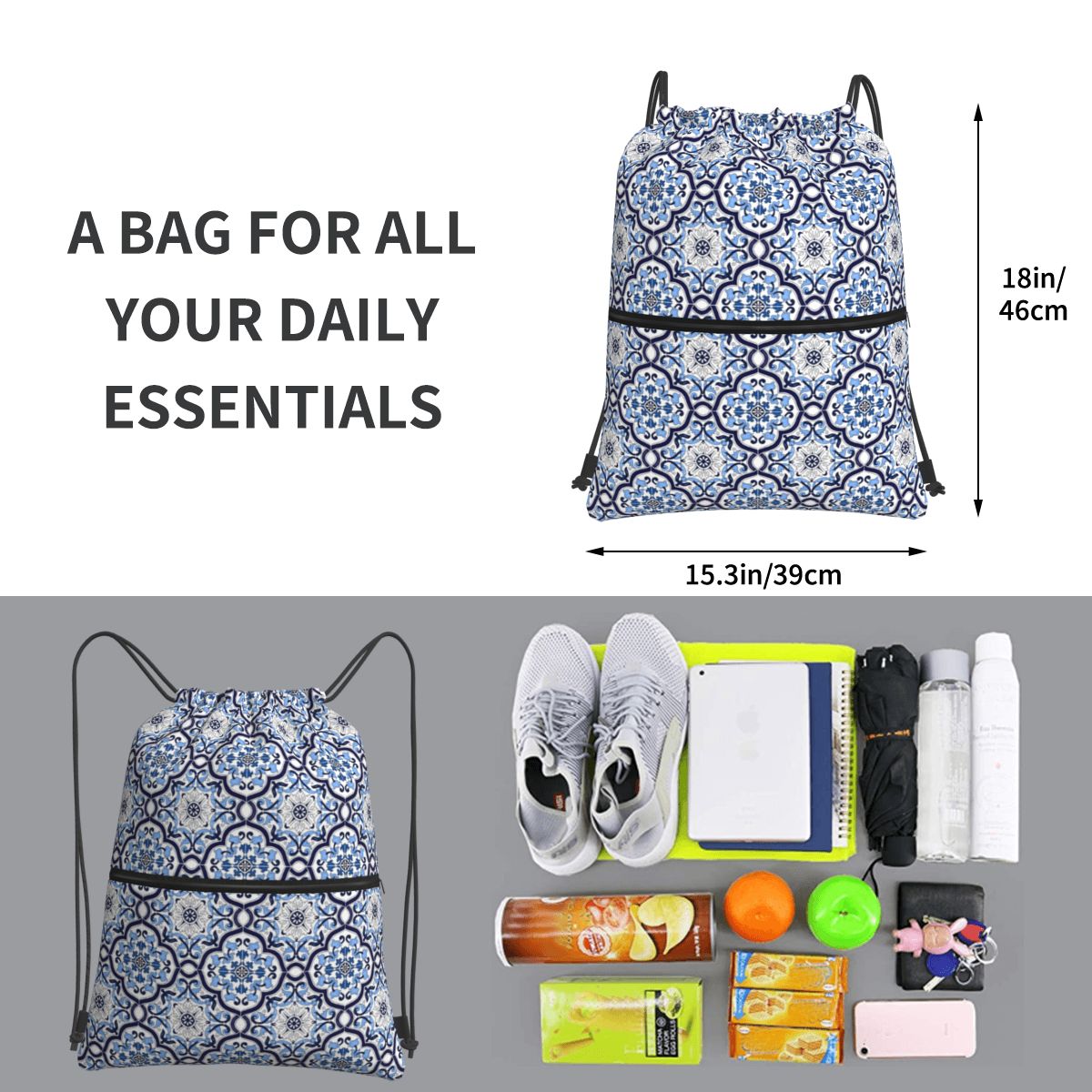 Blue Ornate Floral Mediterrane – Tile Bag Drawstring Bewertung und Preis
