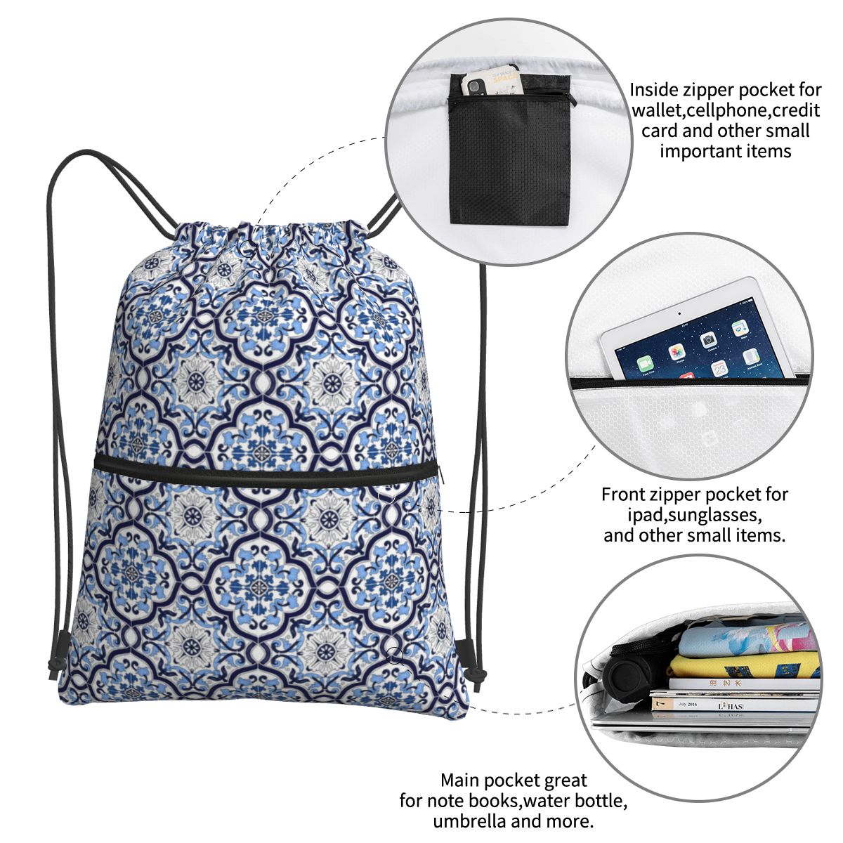 Blue Ornate Floral Mediterrane – Tile Bag Drawstring Bewertung und Preis