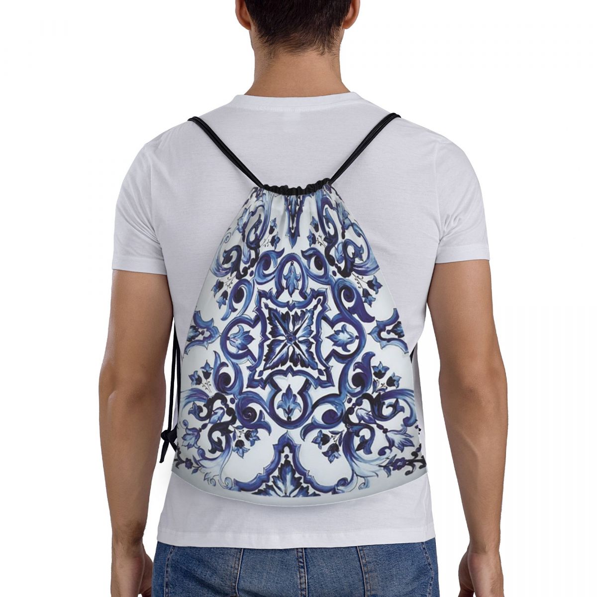 Blue Ornate Floral Mediterrane – Tile Bag Drawstring Bewertung und Preis
