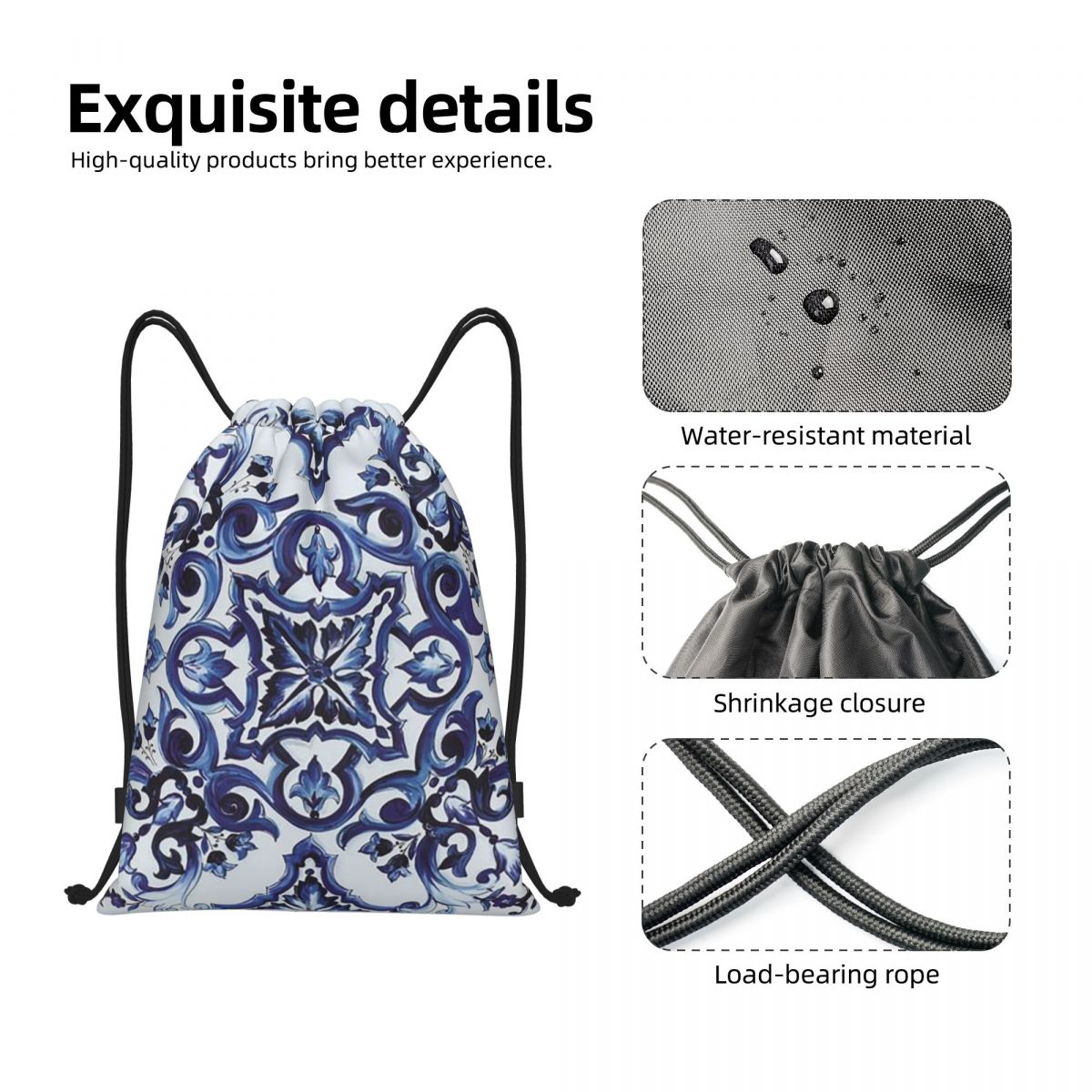 Blue Ornate Floral Mediterrane – Tile Bag Drawstring Bewertung und Preis