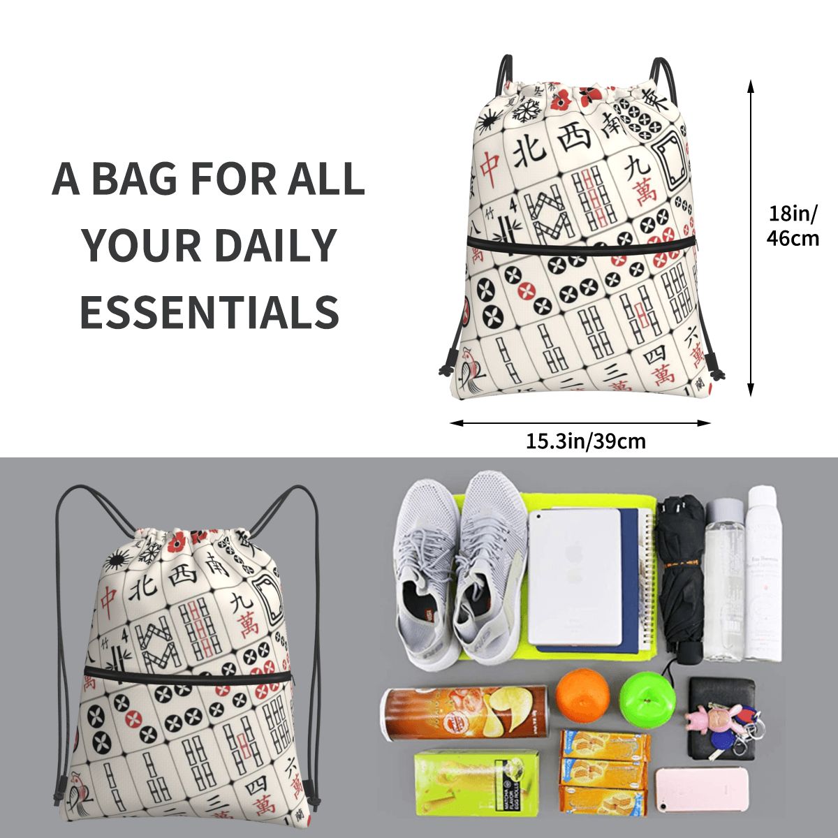 Mahjong Tile Pattern Backpacks – Tile Bag Drawstring Bewertung und Preis