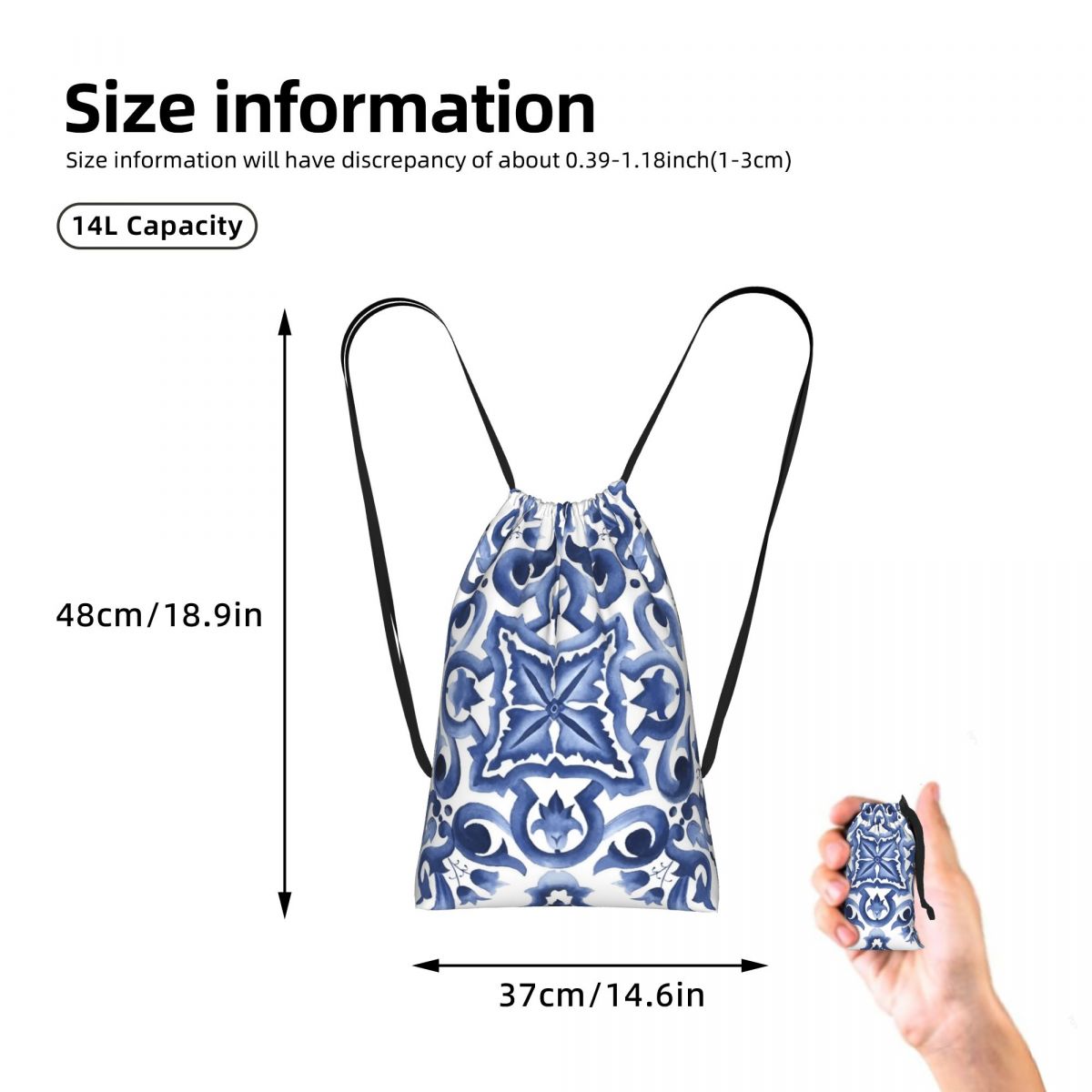 Blue Ornate Floral Mediterrane – Tile Bag Drawstring Bewertung und Preis